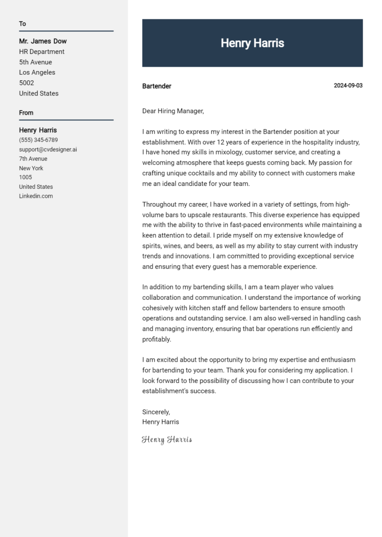 Bartender Cover Letter Examples for 2025 (Downloadable)