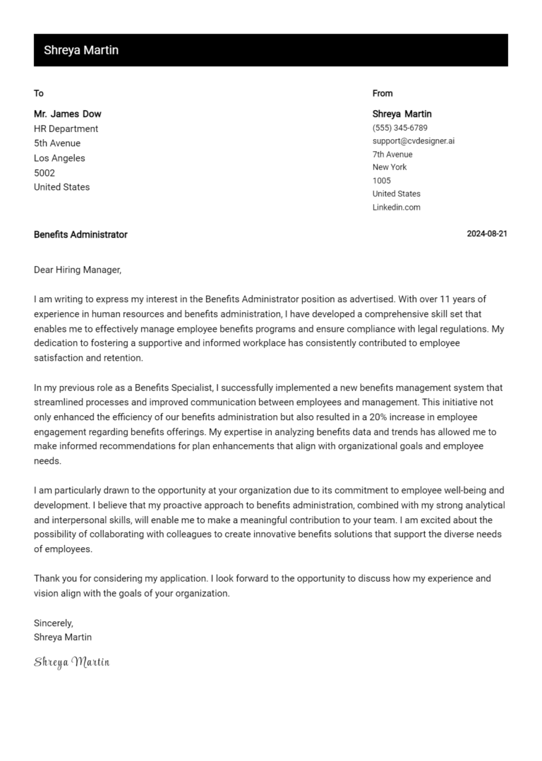 Benefits Administrator Cover Letter Examples and Templates for 2025