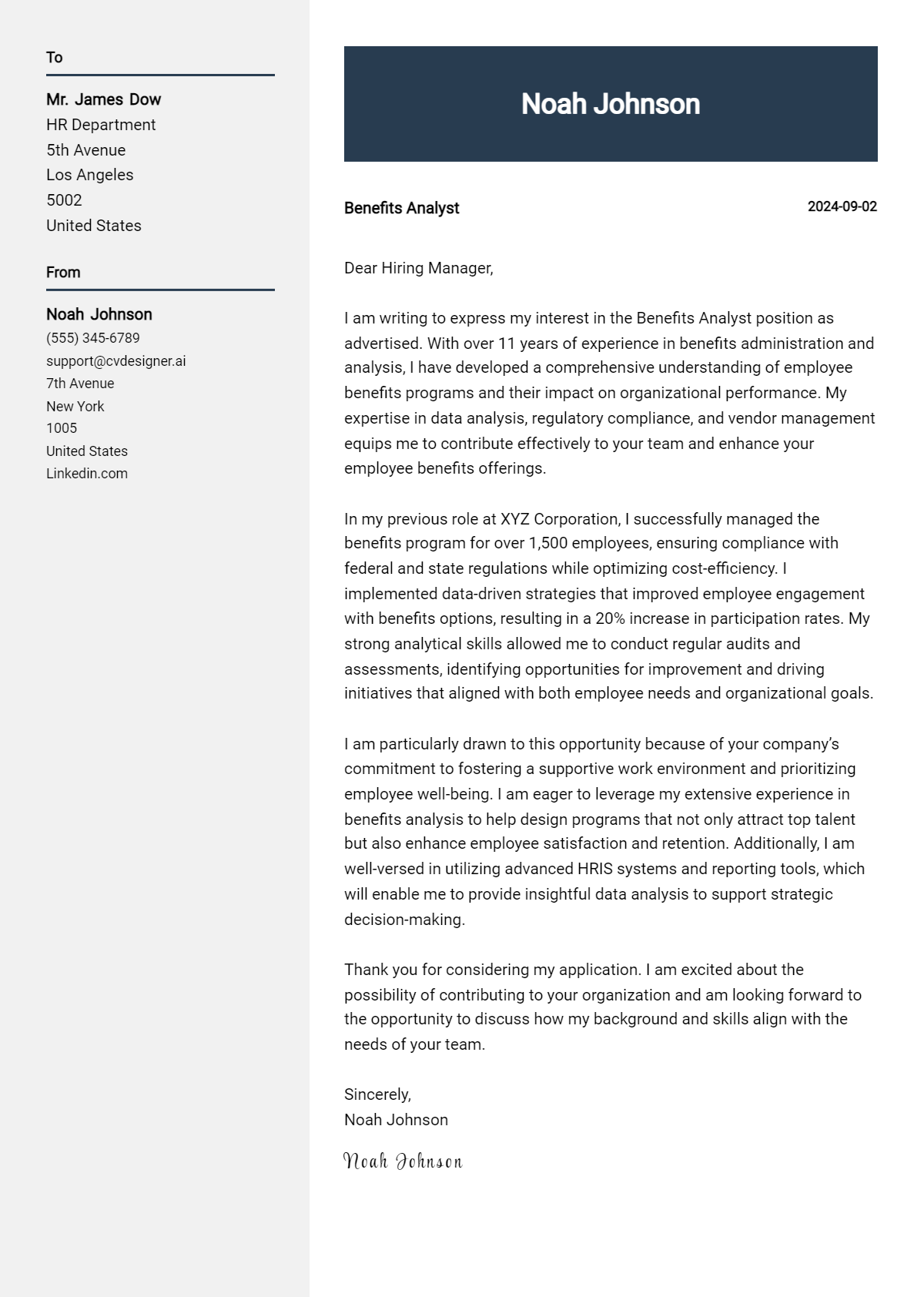 benefits analyst cover letter example