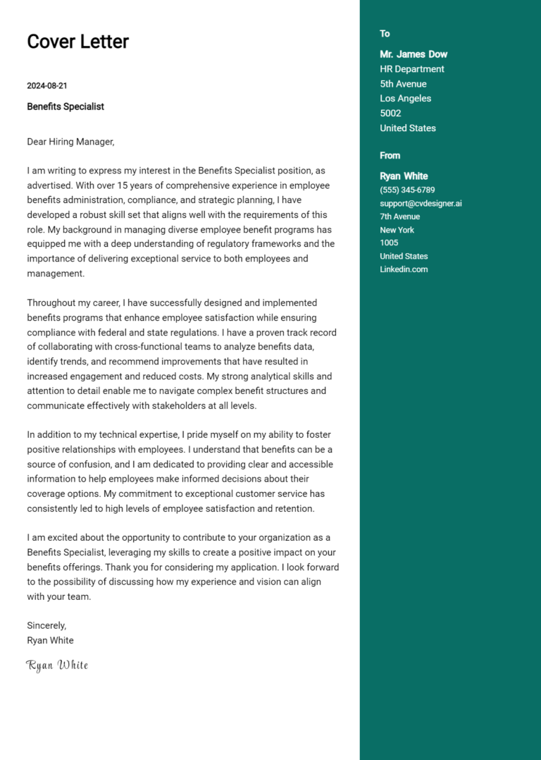 Benefits Specialist Cover Letter Example for 2025: Ultimate Guide