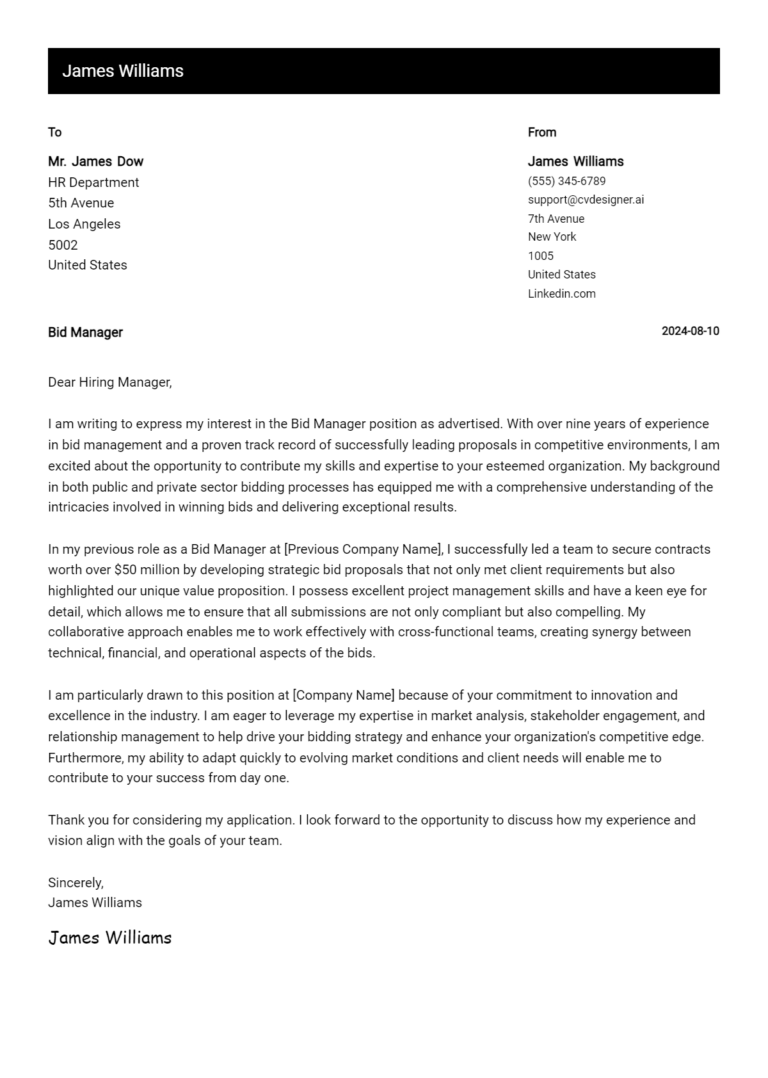 Bid Manager Cover Letter Samples & Examples 2025