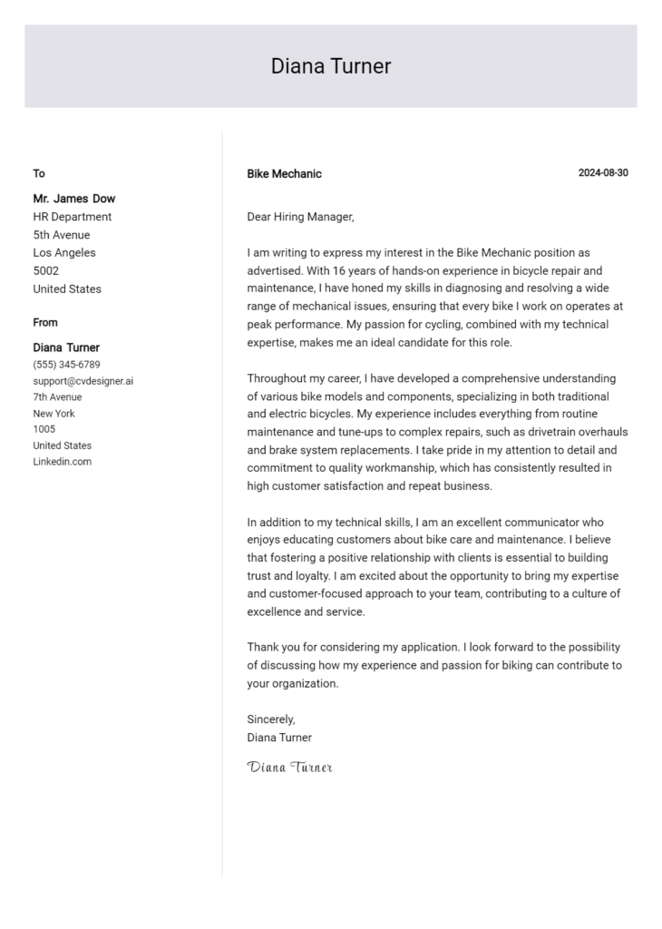 bike mechanic cover letter example