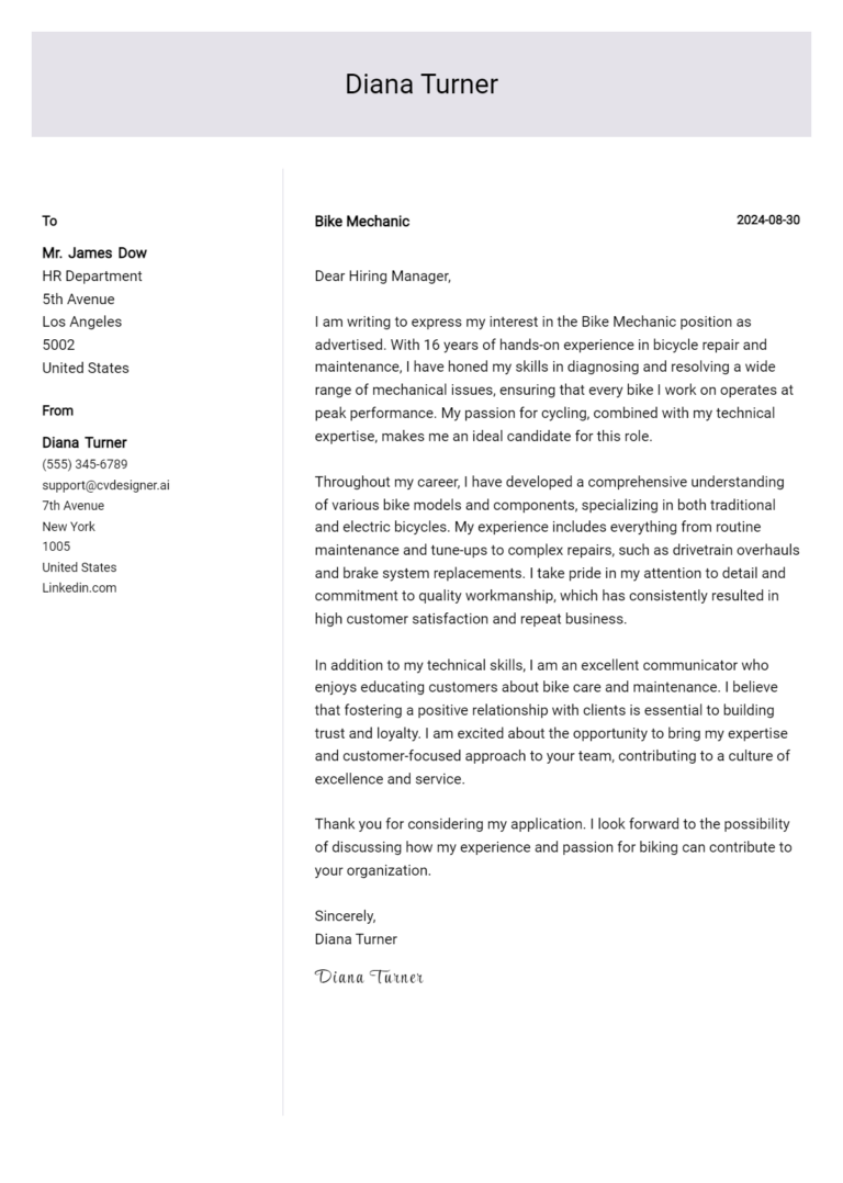 12 Bike Mechanic Cover Letter Examples for 2025: Tips & Templates