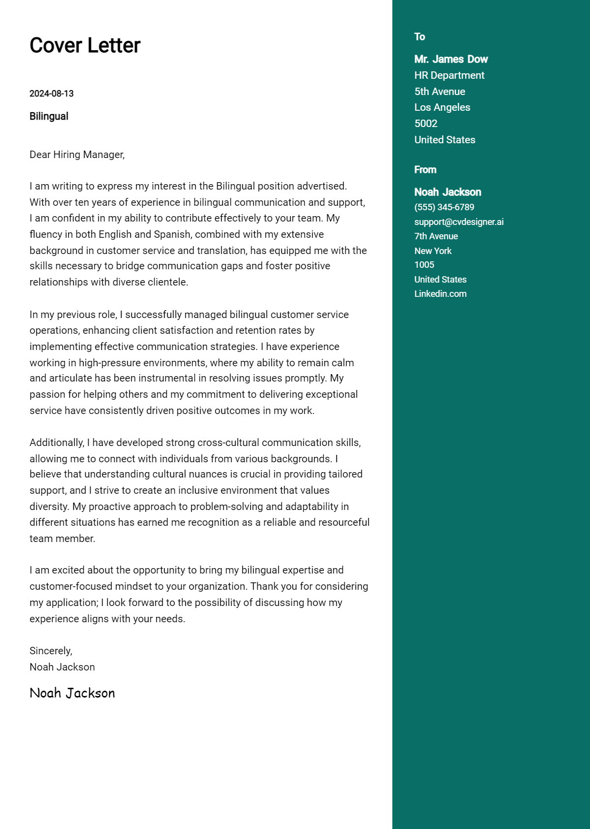 bilingual cover letter example