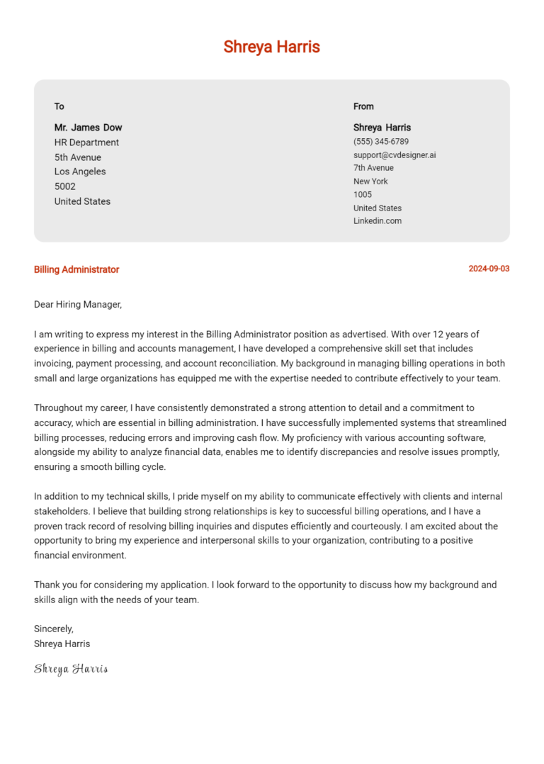 6 Billing Administrator Cover Letter Example for 2025 (Download Templates)