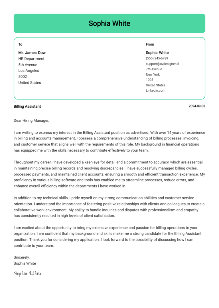 Billing Assistant Cover Letter Samples & Examples 2025