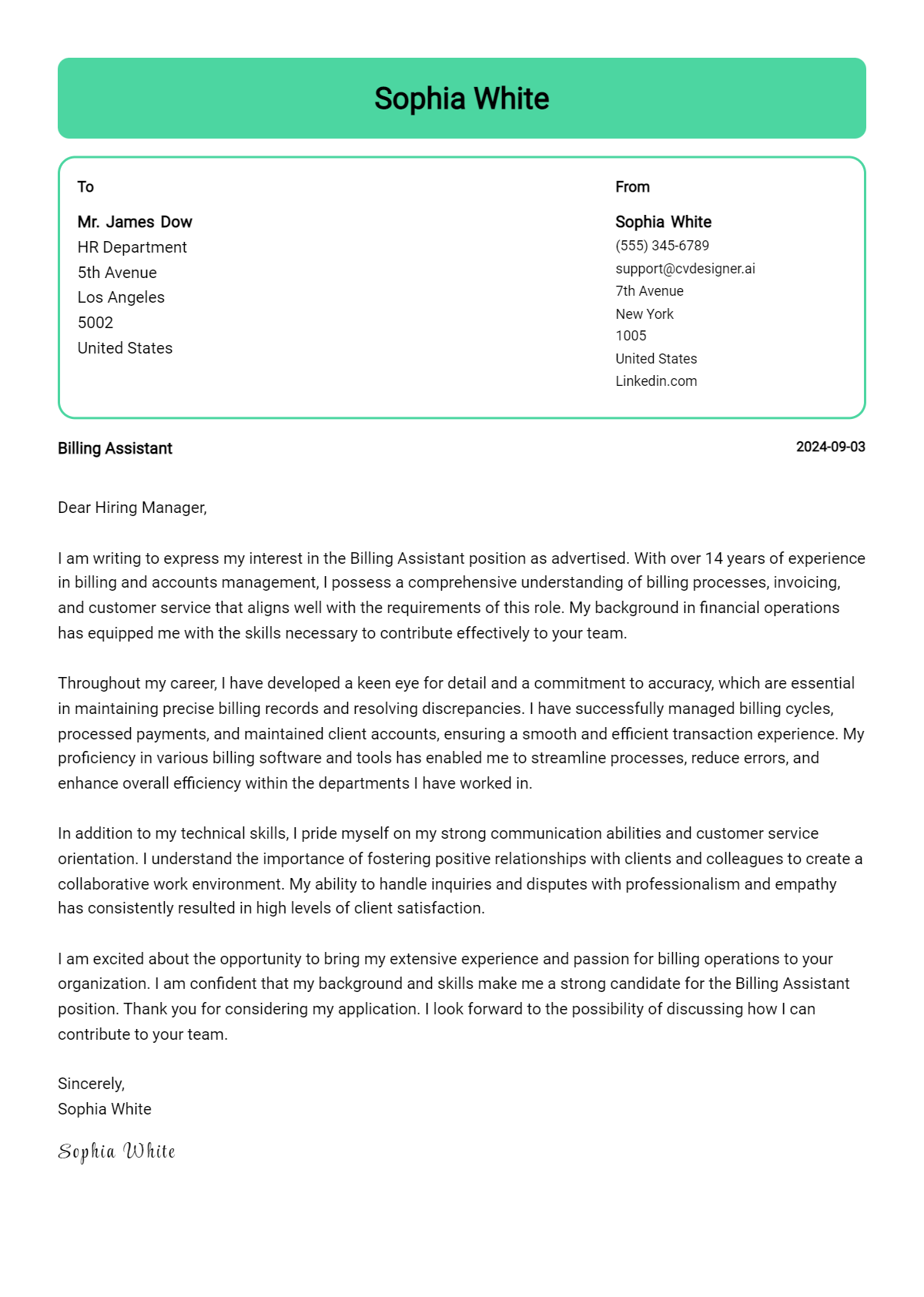 billing assistant cover letter example