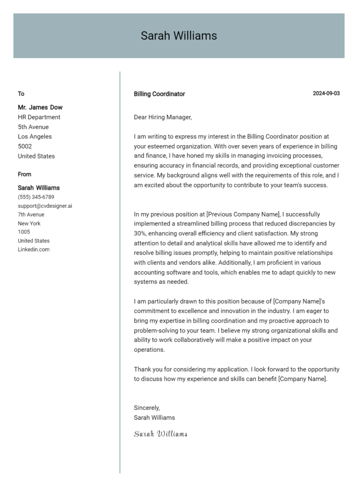 billing coordinator cover letter example