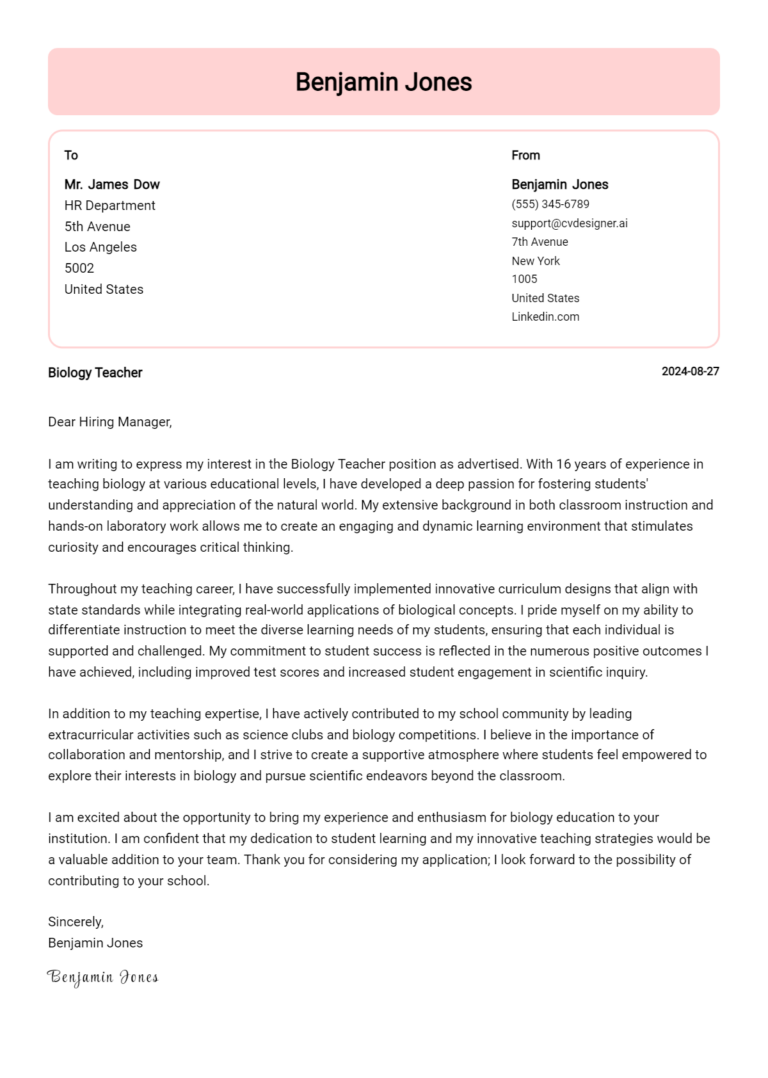Biology Teacher Cover Letter Example for 2025 (Download Templates)