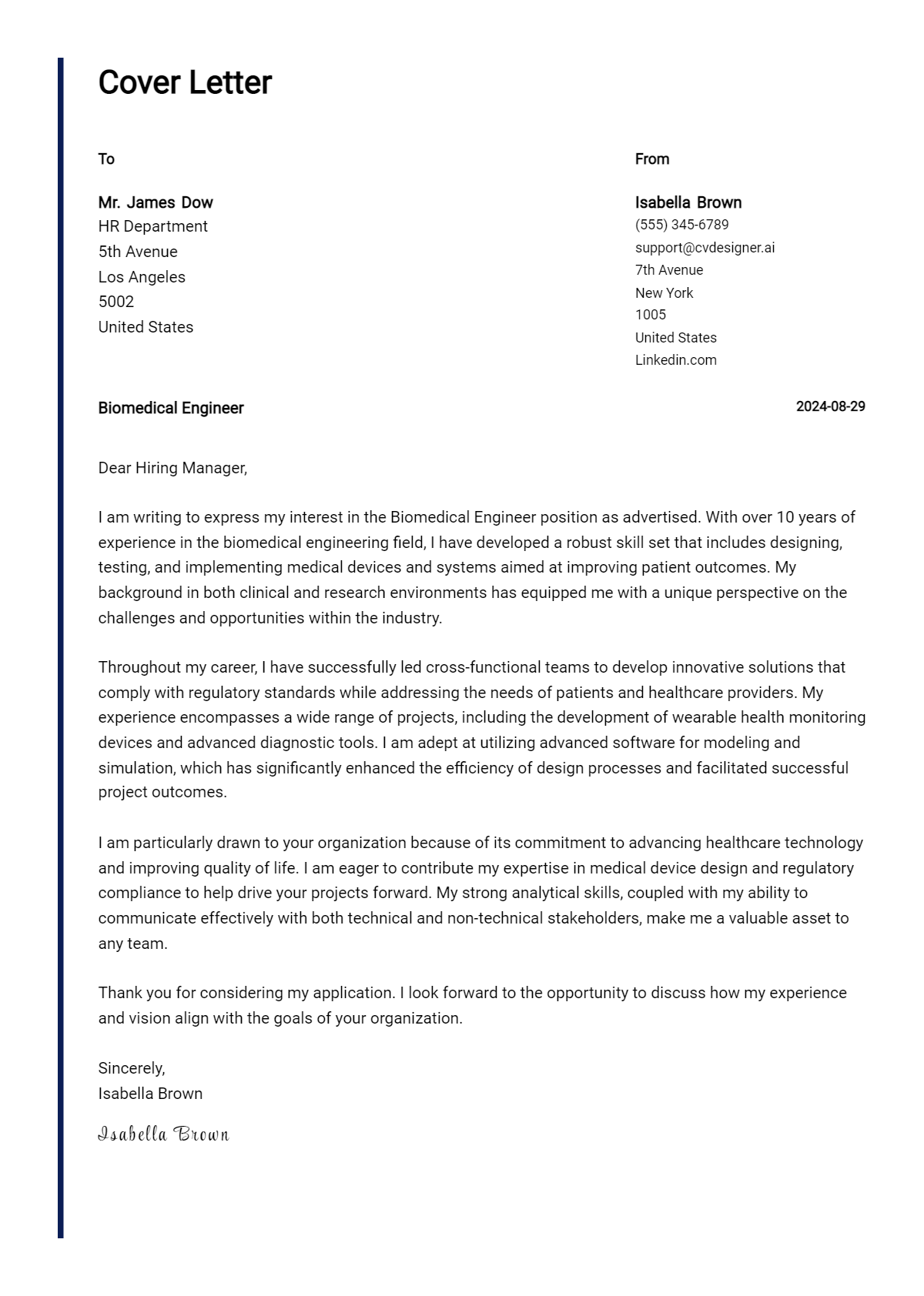 biomedical engineer cover letter example