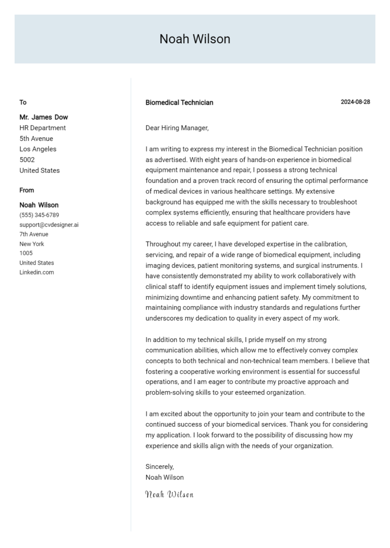 Biomedical Technician Cover Letter Example for 2025: Expert Tips & Templates