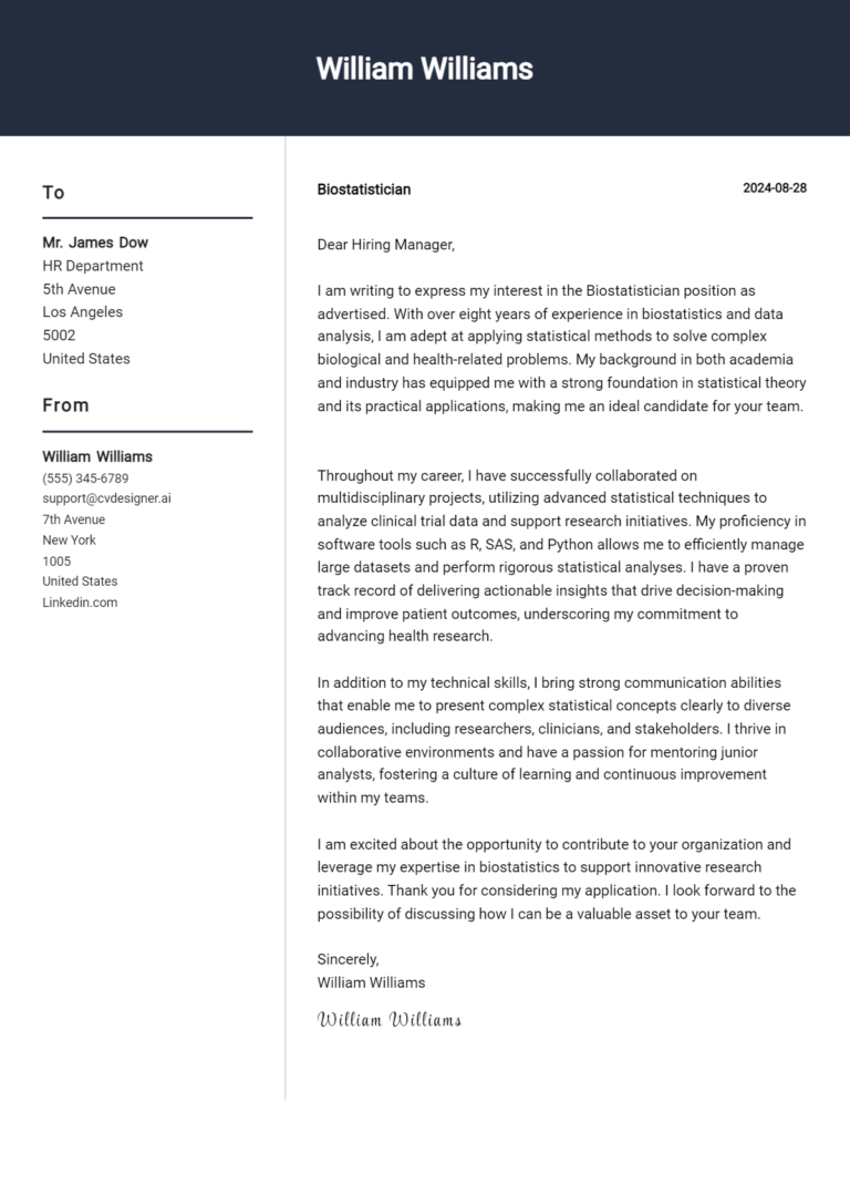 Biostatistician Cover Letter Example for 2025 (Free Templates)