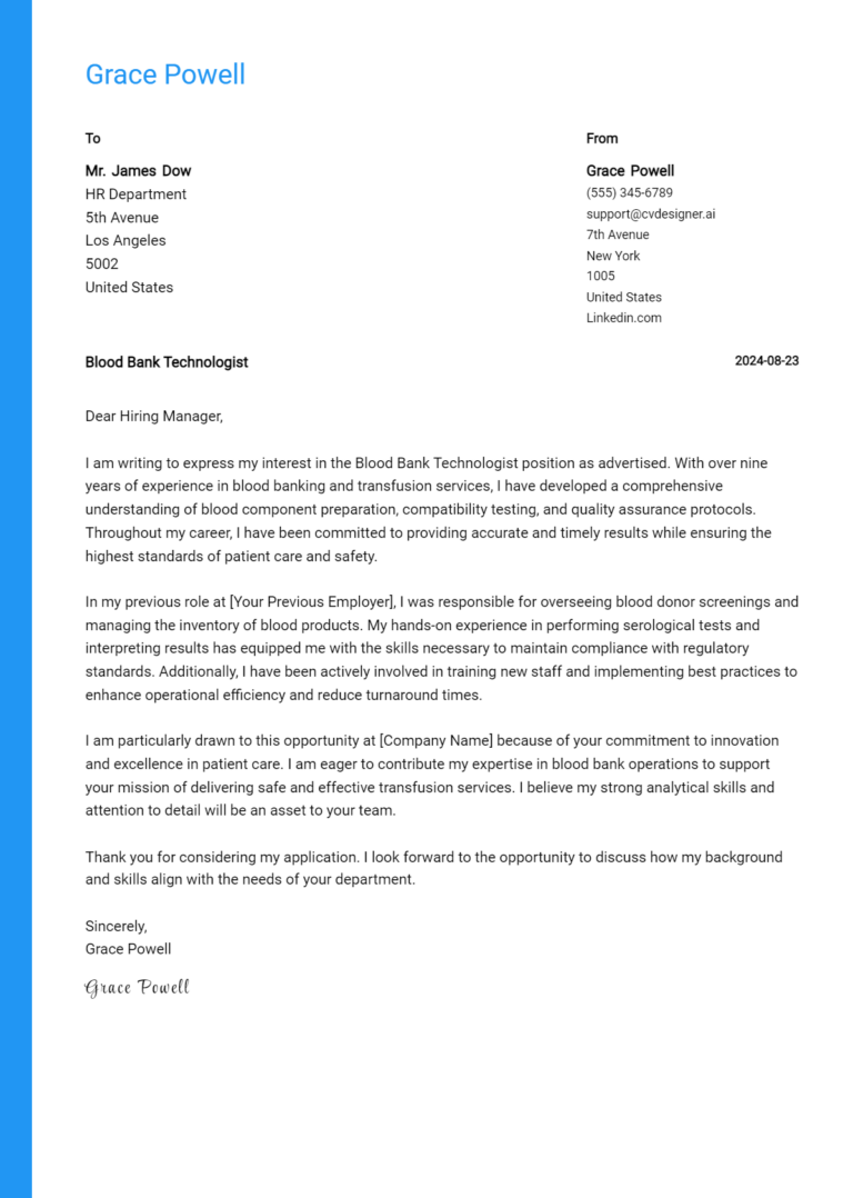 Blood Bank Technologist Cover Letter Example for 2025: Expert Tips & Templates