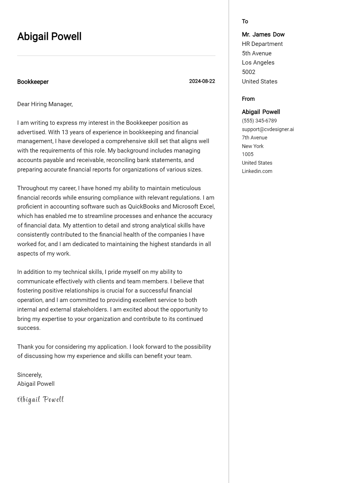 bookkeeper cover letter example