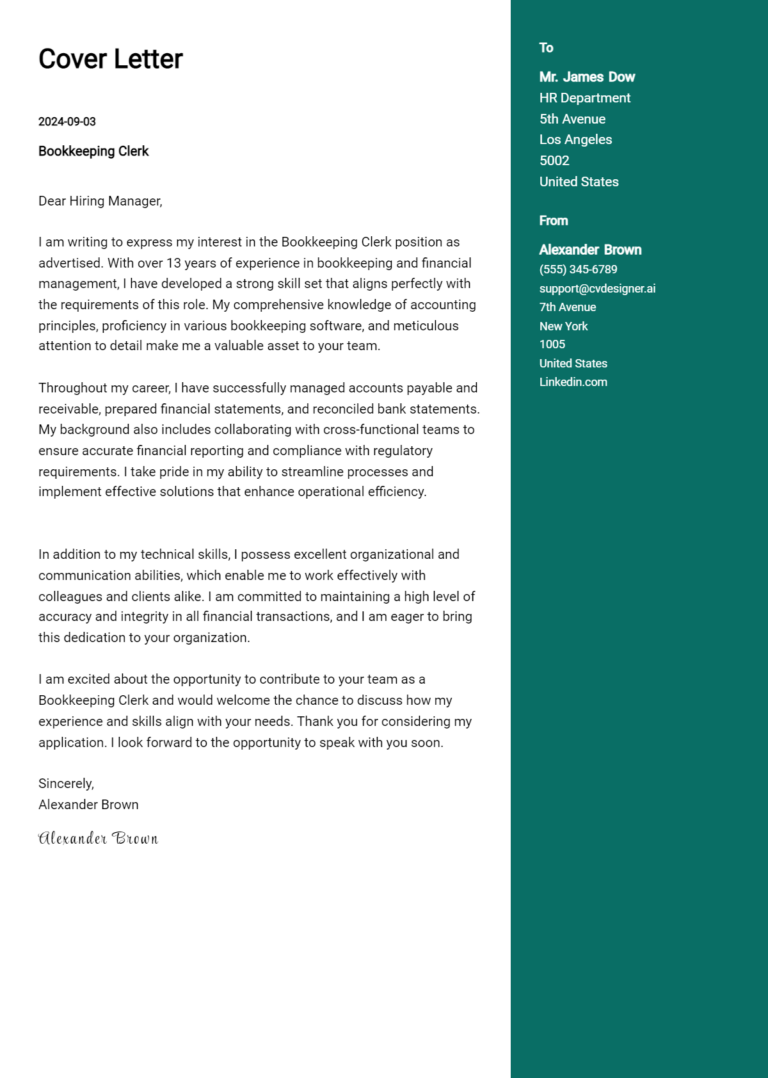 Bookkeeping Clerk Cover Letter Example for 2025: Proven Tips