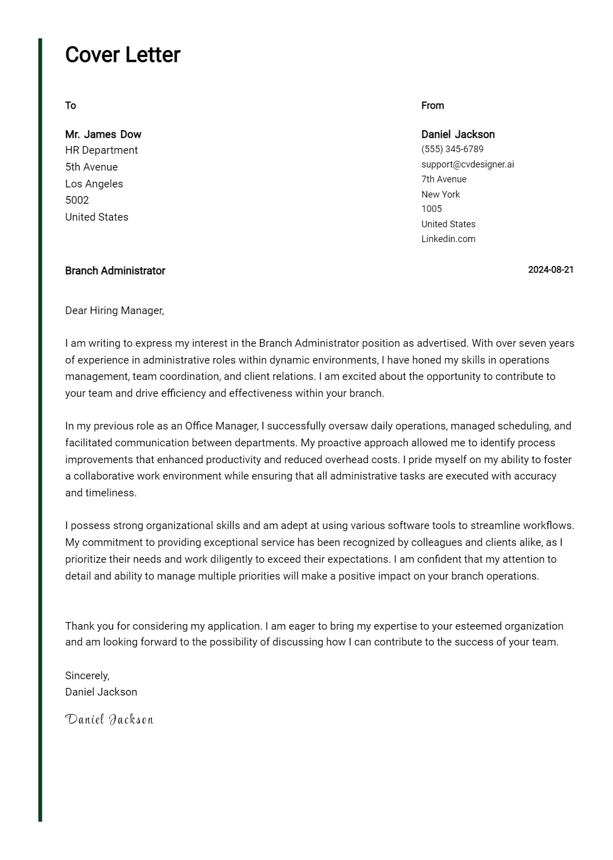 branch administrator cover letter example