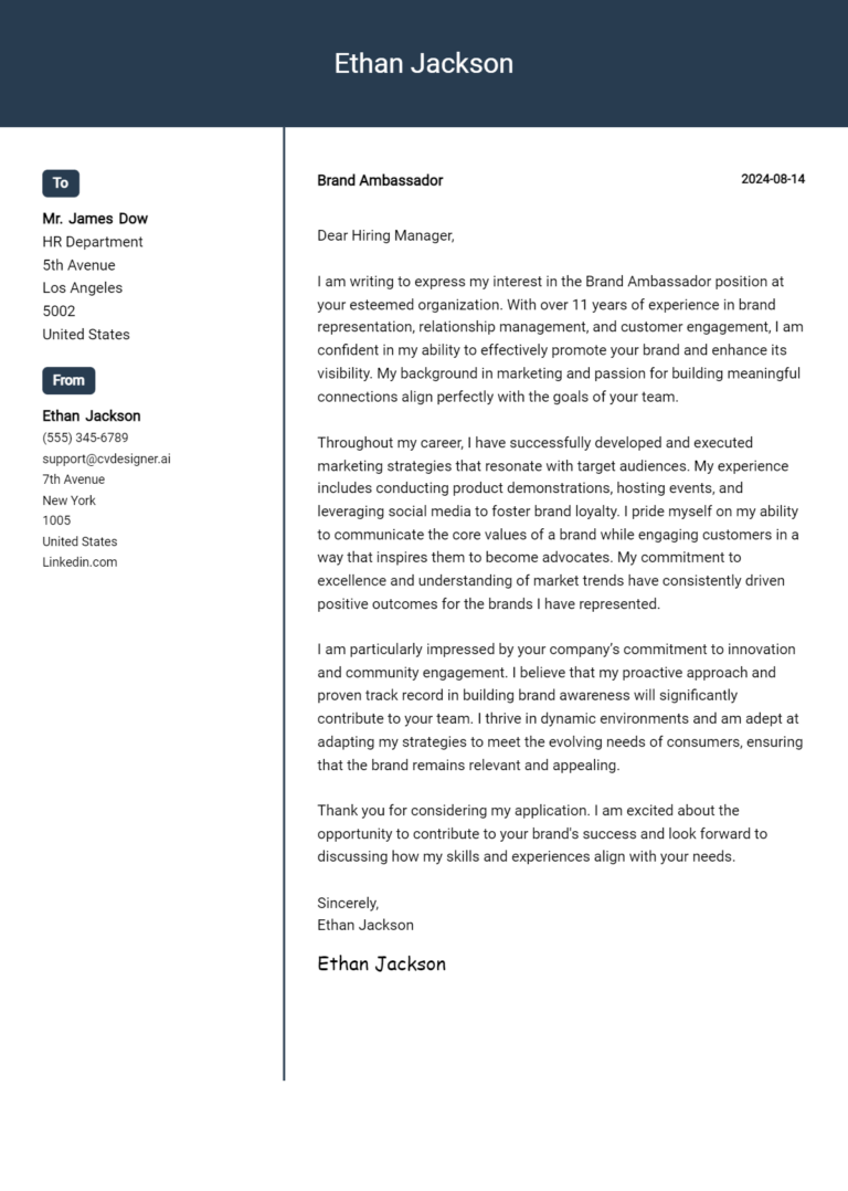 Brand Ambassador Cover Letter Examples for 2025 (Downloadable)