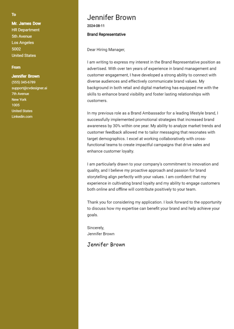 Brand Representative Cover Letter Example for 2025 (Writing Guide) 1 Brand Representative Cover Letter Example for 2025 (Writing Guide)