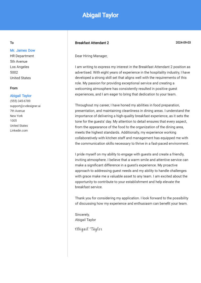Breakfast Attendant Cover Letter Example for 2025 (Free Templates)