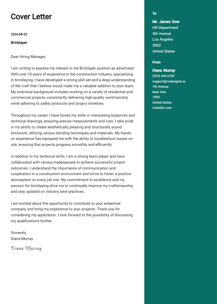 Bricklayer Cover Letter Example for 2024 (Free Templates) - CVDesigner.ai