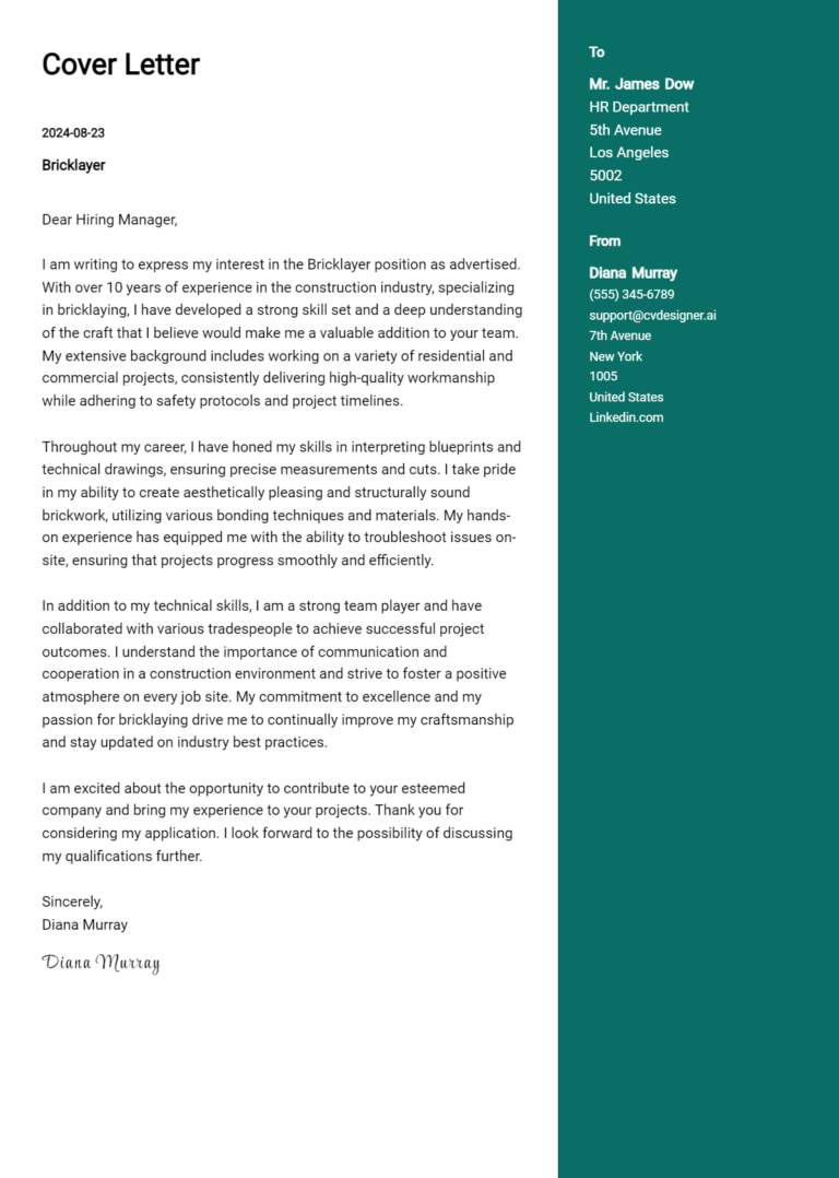 Bricklayer Cover Letter Example for 2025 (Free Templates) 1 Bricklayer Cover Letter Example for 2025 (Free Templates)