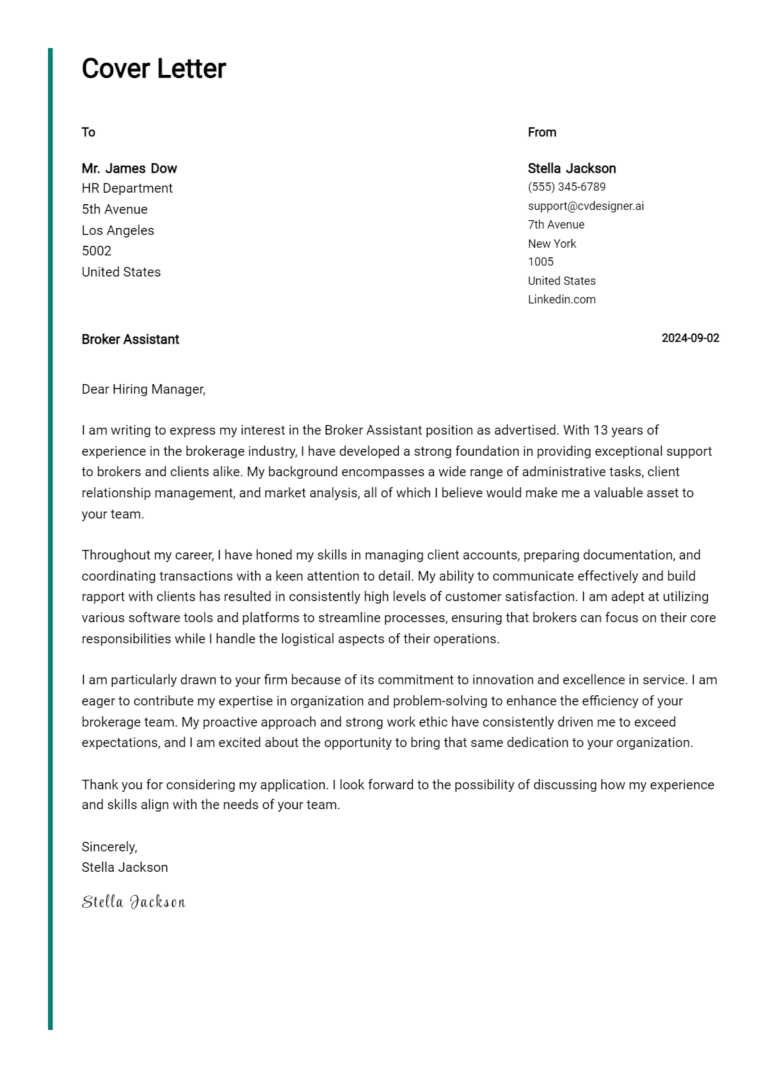 Broker Assistant Cover Letter Example for 2025: Proven Tips