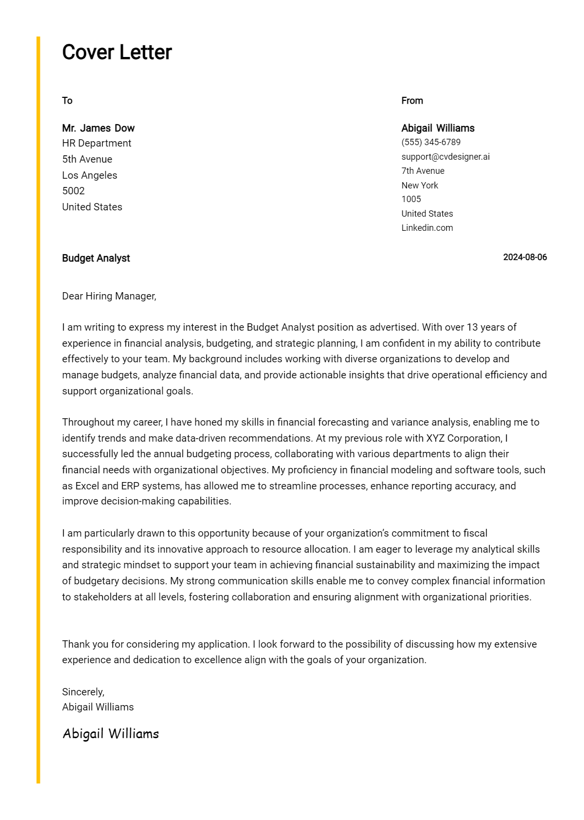 budget analyst cover letter example