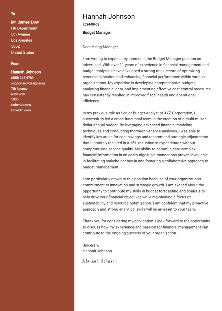 Budget Manager Cover Letter Example for 2025 (Writing Guide)