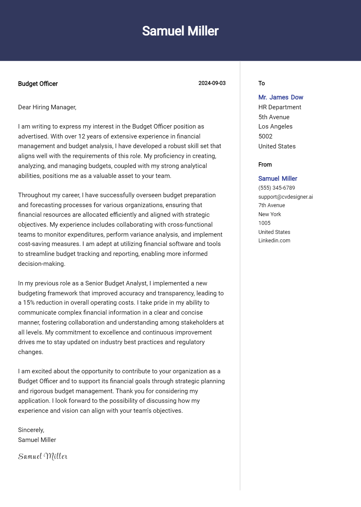 budget officer cover letter example