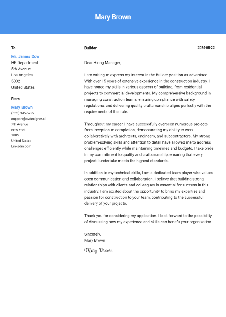 Builder Cover Letter Example for 2025: Expert Tips & Templates 1 Builder Cover Letter Example for 2025: Expert Tips & Templates