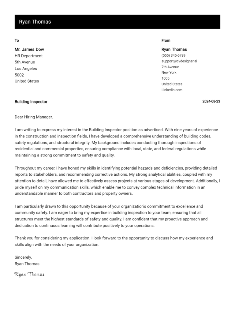 Building Inspector Cover Letter Example for 2025: Expert Tips & Templates 1 Building Inspector Cover Letter Example for 2025: Expert Tips & Templates