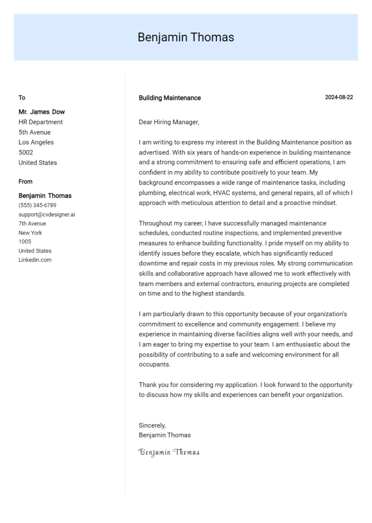 Building Maintenance Cover Letter Samples & Examples 2025