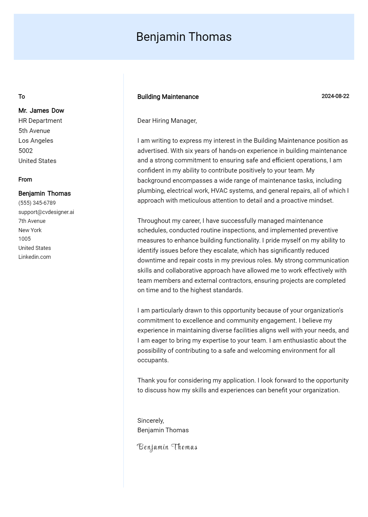 building maintenance cover letter example