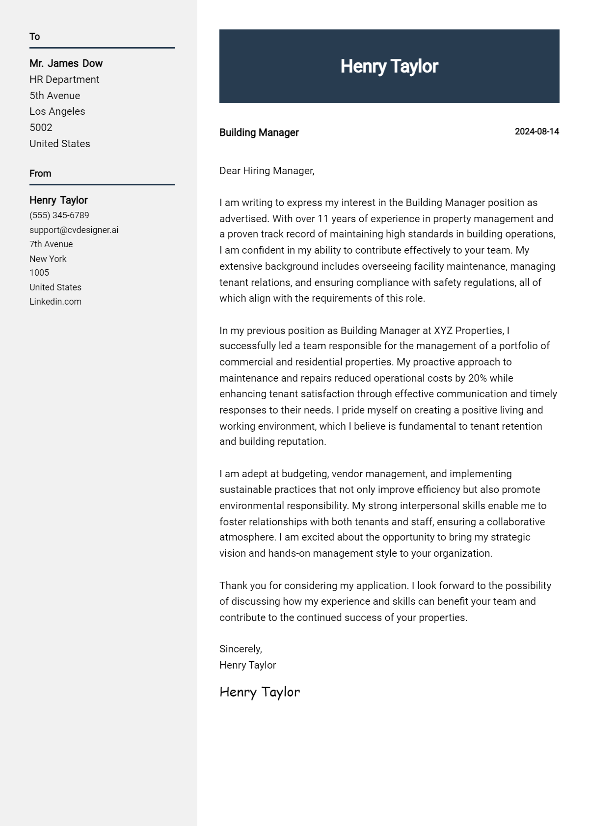 building manager cover letter example