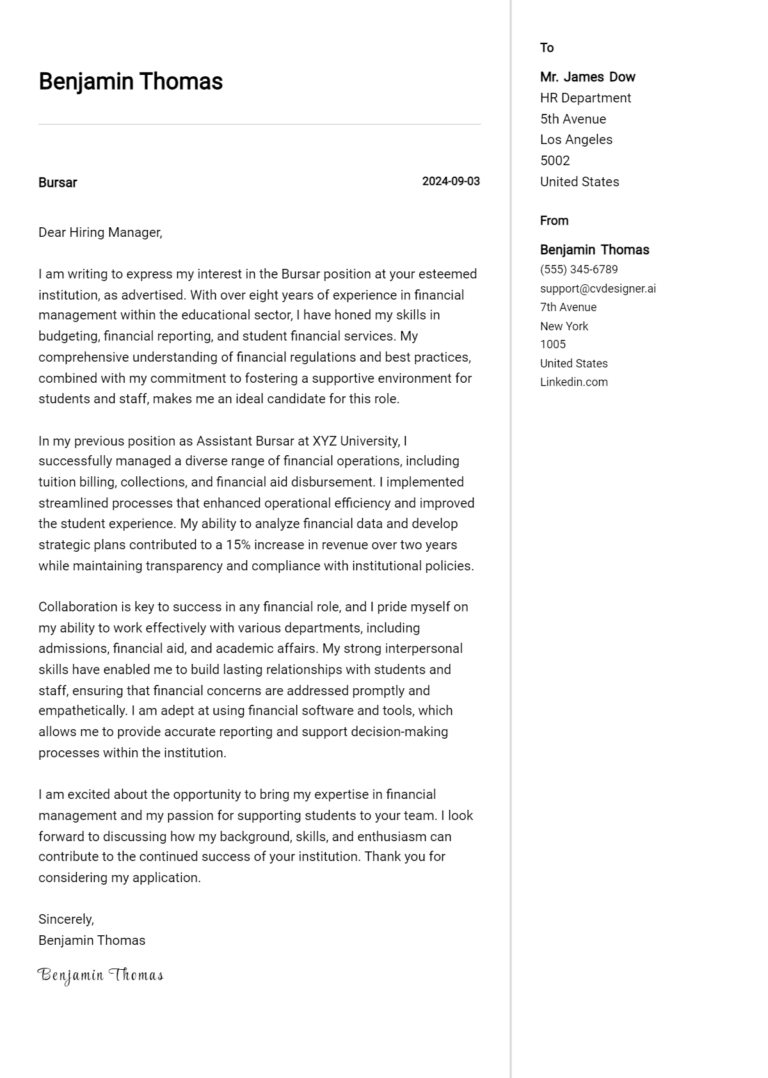 Bursar Cover Letter Example for 2025: Top CV Skills