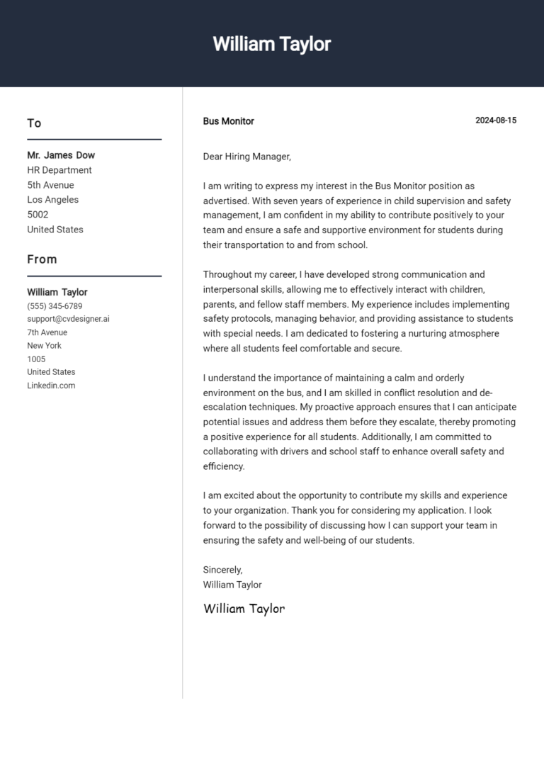 Bus Monitor Cover Letter Examples with Writing Tips for 2025