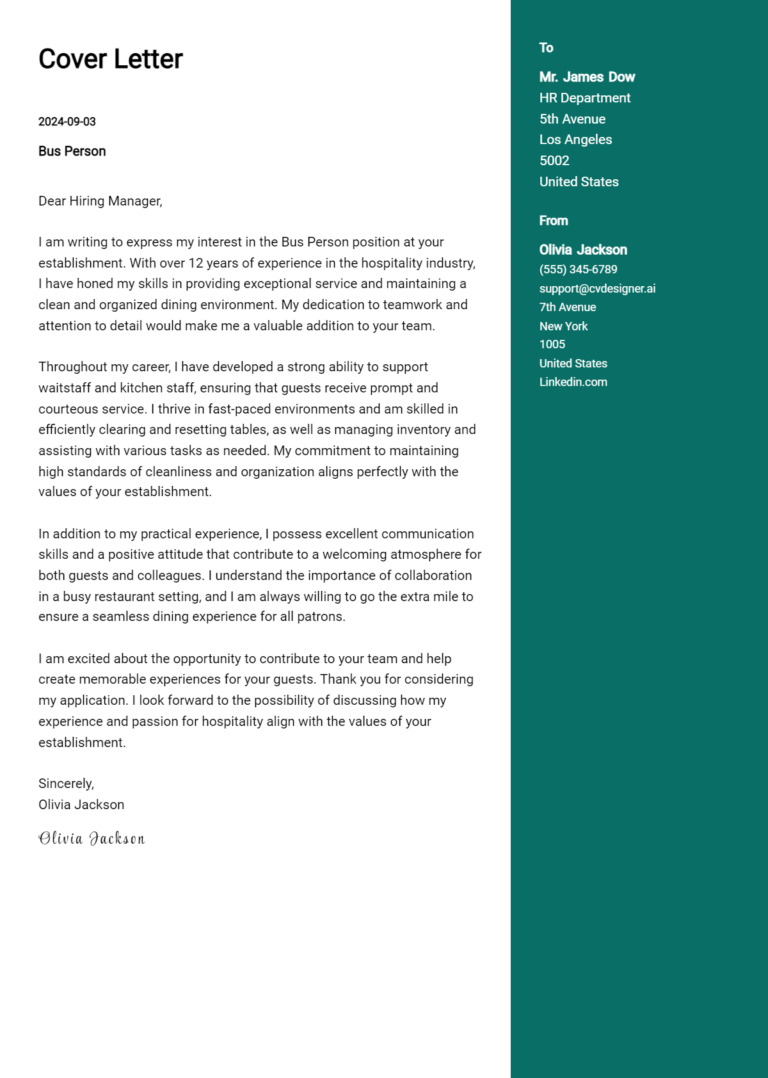 Bus Person Cover Letter Example for 2025 (Writing Guide)