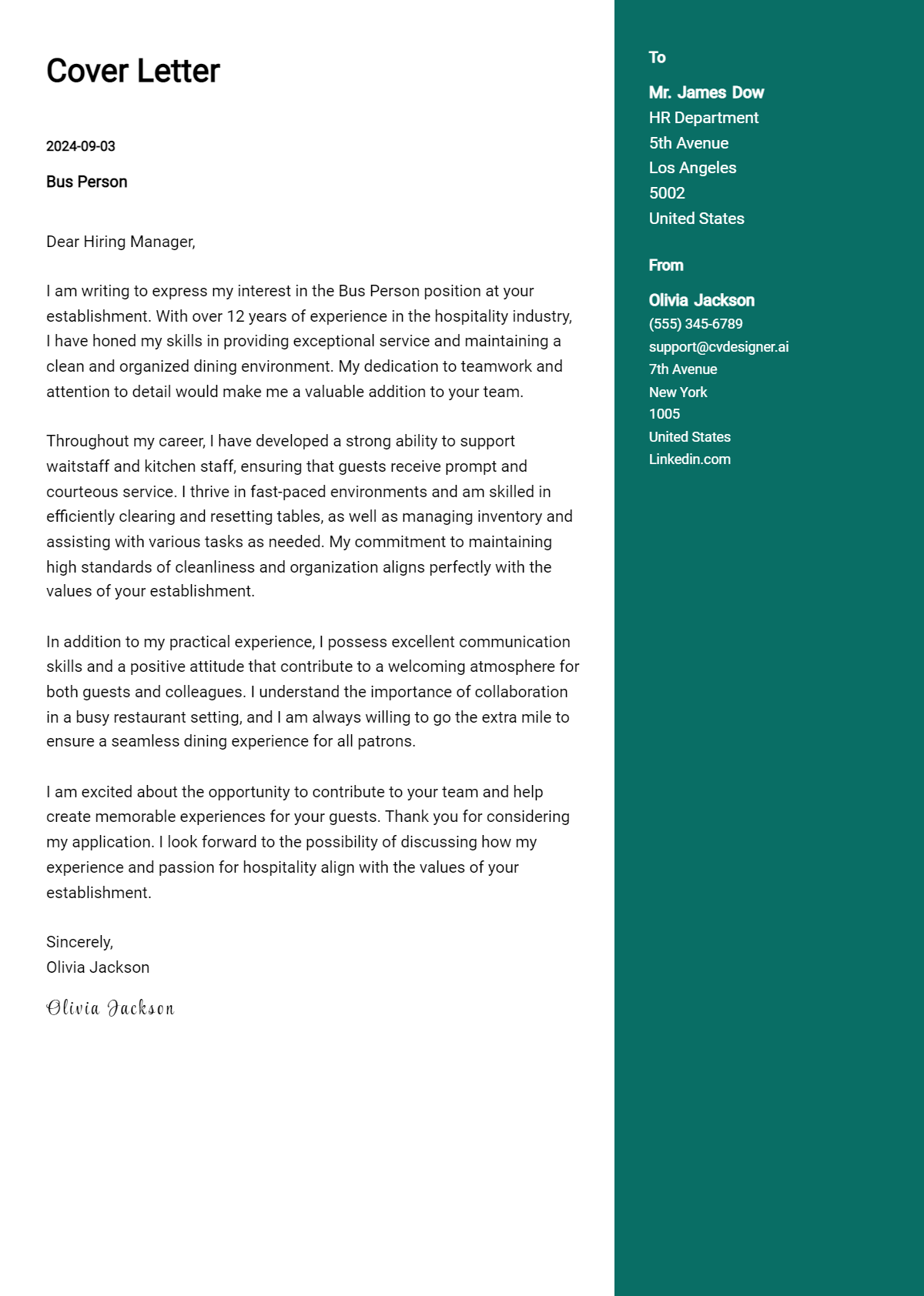 bus person cover letter example