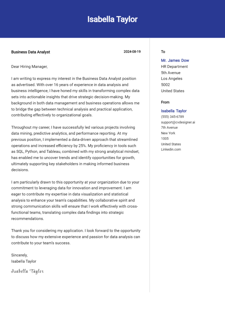 business data analyst cover letter example