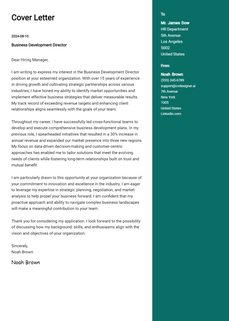 Business Development Director Cover Letter Examples for 2025 (Downloadable)
