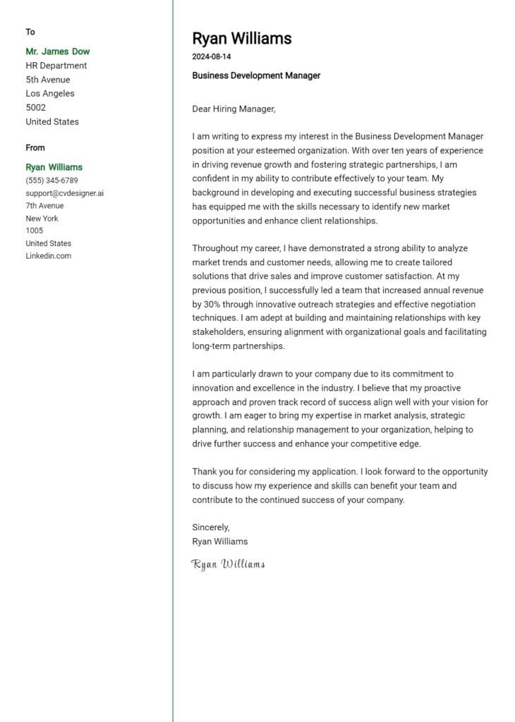 business development manager cover letter example