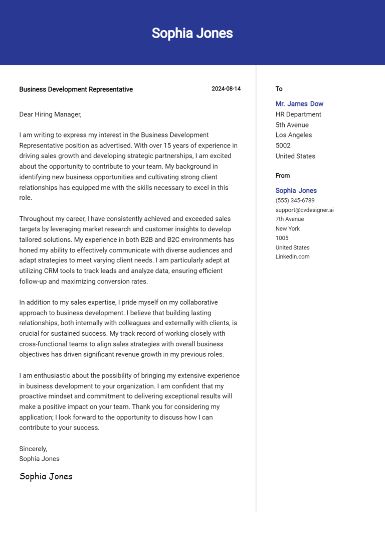 Business Development Representative Cover Letter Examples with Writing Tips for 2025