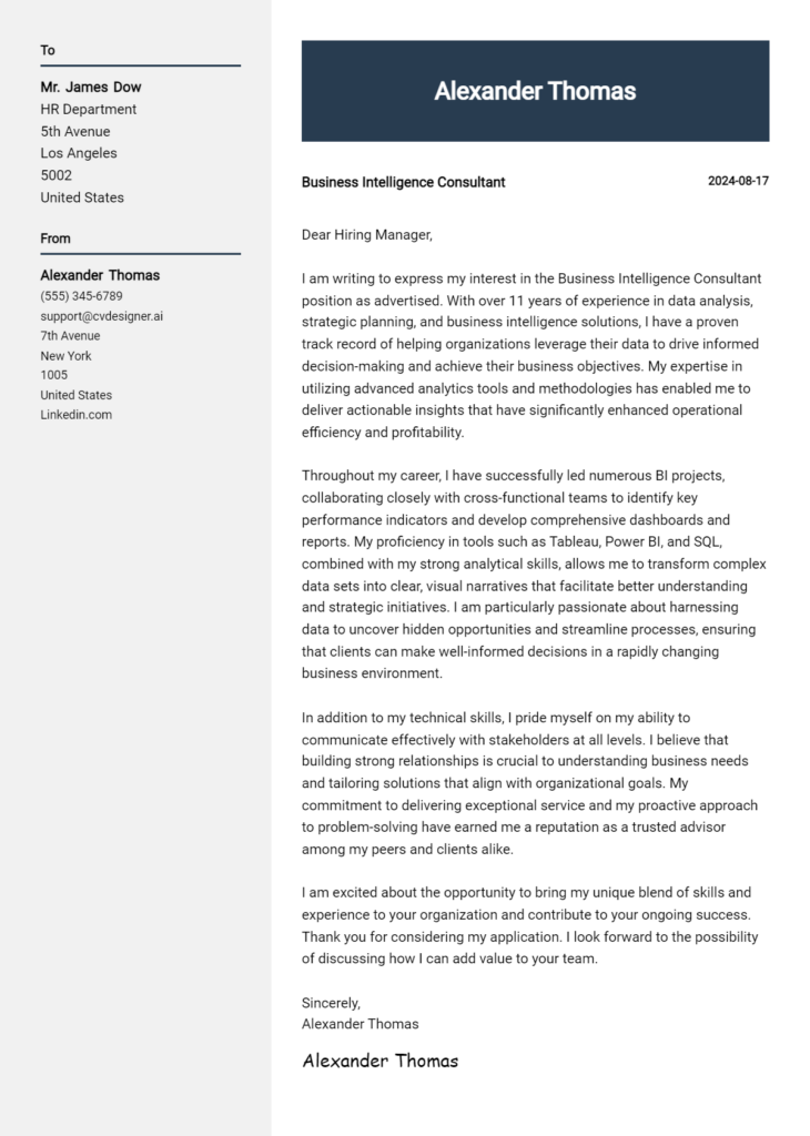 business intelligence consultant cover letter example