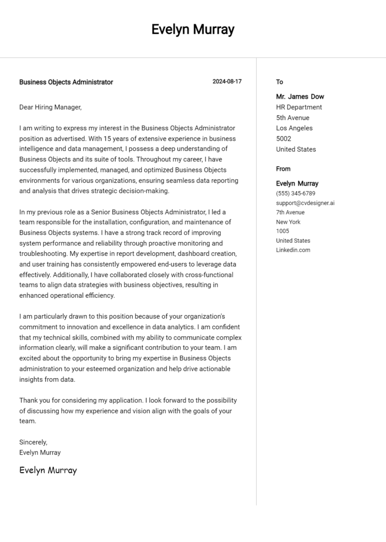 Business Objects Administrator Cover Letter Examples & Samples for 2025 1 Business Objects Administrator Cover Letter Examples & Samples for 2025
