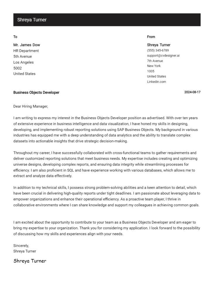 business objects developer cover letter example
