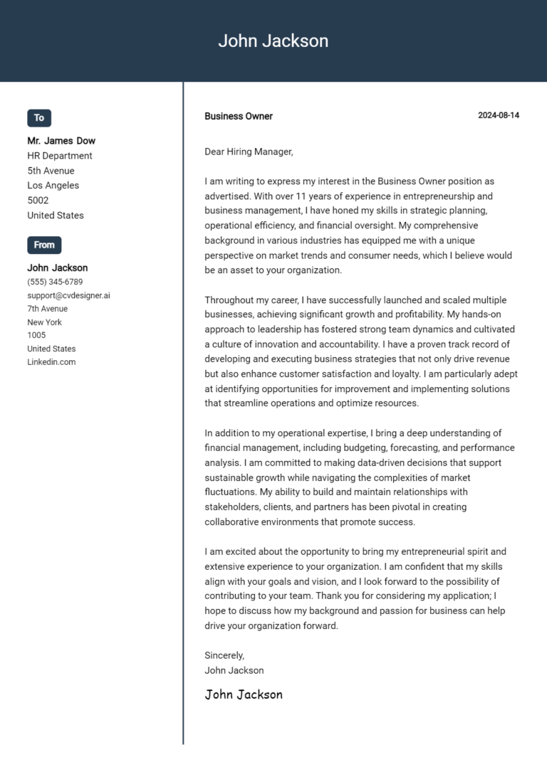 Business Owner Cover Letter Example for 2025: Ultimate Guide