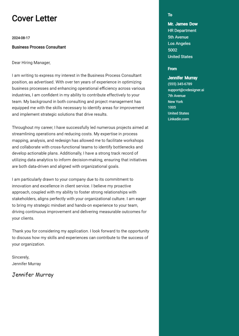 17 Business Process Consultant Cover Letter Examples for 2025: Tips & Templates 1 17 Business Process Consultant Cover Letter Examples for 2025: Tips & Templates