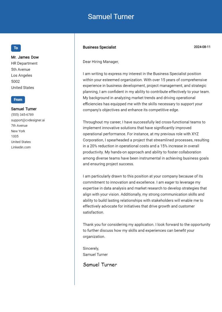 Business Specialist Cover Letter Example for 2025: Expert Tips & Templates