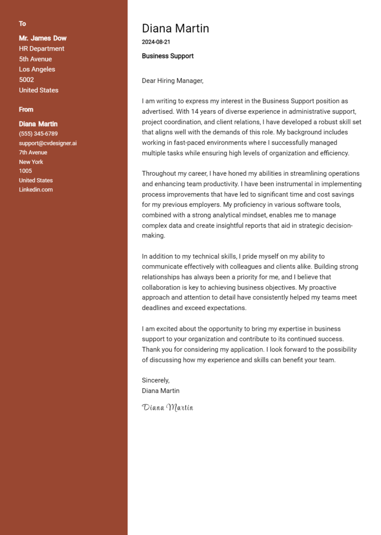 Business Support Cover Letter Example for 2025: Top CV Skills