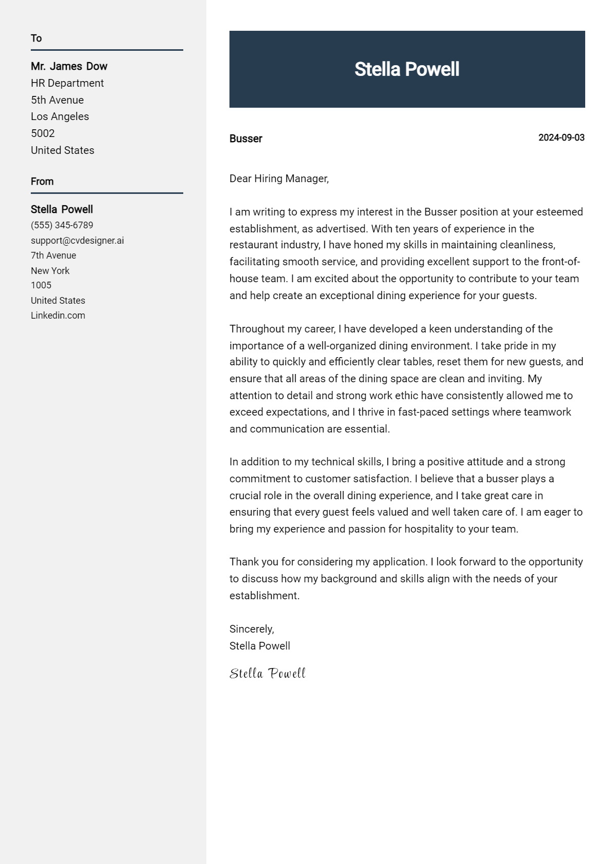 busser cover letter example